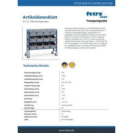 FETRA Montagewagen Stahl 1240 x 415 mm blau mit 12 Eurokästen