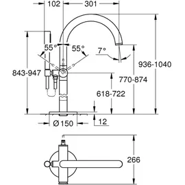 Grohe Atrio Einhand-Wannenbatterie, Bodenmontage, Ausladung 301mm, inklusive Brauseset, Pinhebel, 24368AL0, Farbe: hard graphite gebürstet
