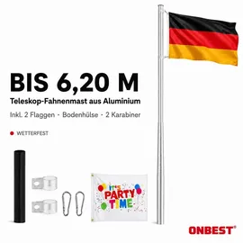 onbest Fahnenmast | mit Bodenhülse und Karabiner | 6,2 m | inklusive Deutschlandfahne | Partyfahne