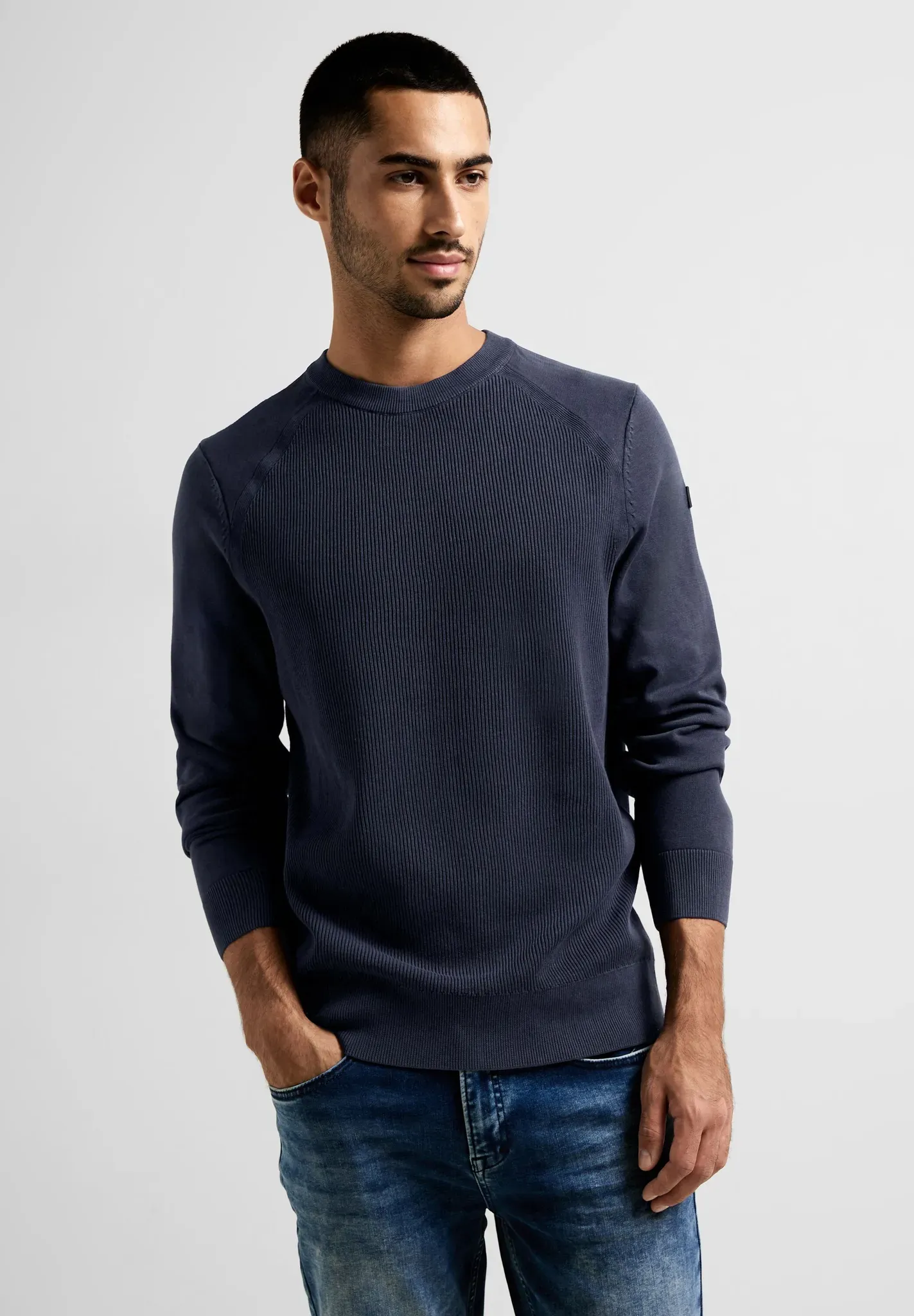 Rundhalspullover STREET ONE MEN, Herren, Gr. XXL (46), blau (deep space blau), Web, 100% Baumwolle, unifarben, gerade hüftlang, Rundhals, Rippbündchen, Pullover Rundhalspullover, mit Rundhalsausschnitt