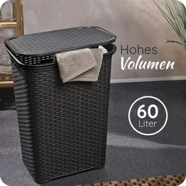Novaliv Rattan Wäschekorb mit Deckel 60L Schwarz, Wäschebox Wäscheeimer Wäschebehälter modern für Bad Wäsche Schmutzwäsche, Wäschekörbe S... - Schwarz