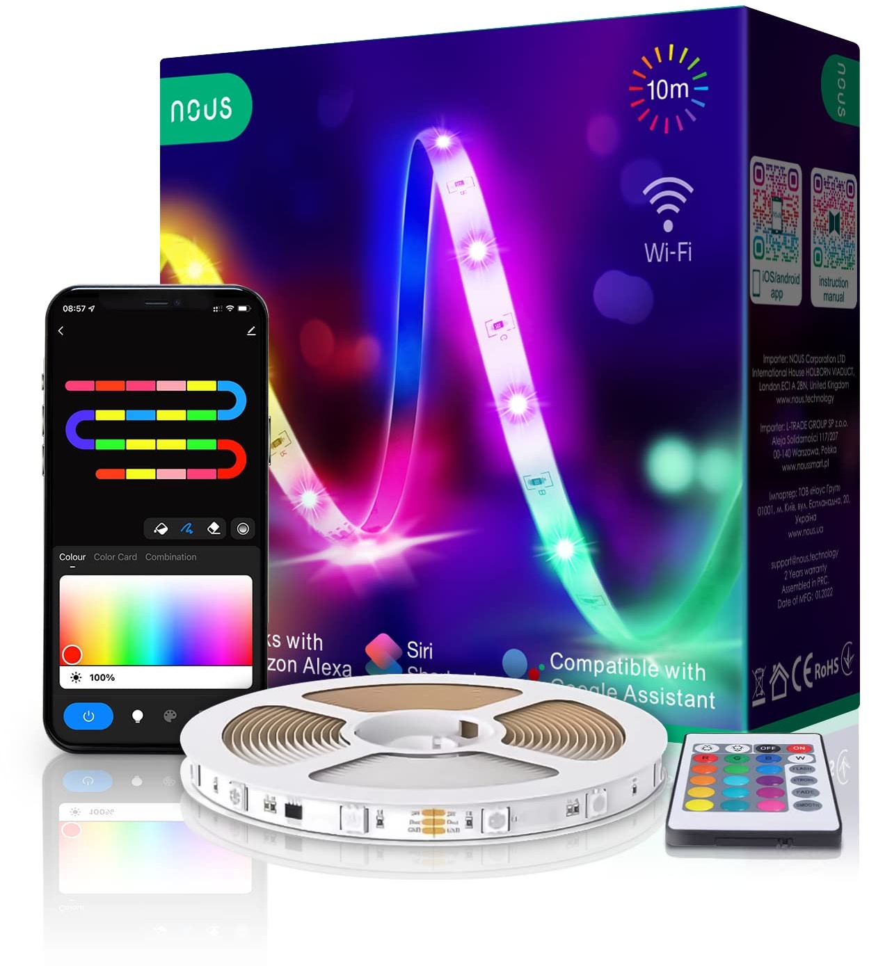 NOUS F2 10m RGB LED Strip Wifi, Alexa LED Strip, Christmas, Christmas Lights, Weihnachtsbeleuchtung, LED strip Alexa kompatibel, Ambilight TV nachrüsten, 18W, Tuya Smart App, Only 2.4 GHz WiFi