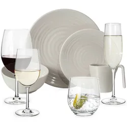 Moritz Melamin Geschirr Set 4 Personen Coffee 16 Teilig + 16 Tiamo Gläser Wassergläser Weingläser Champagner-Gläser Flûtes Tafelgeschirr Picknick BBQ Kochges