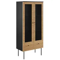 SalesFever Livetastic Vitrine, Schwarz, Eiche Echtholzfurnier, Gestell Metall, Holzwerkstoff,