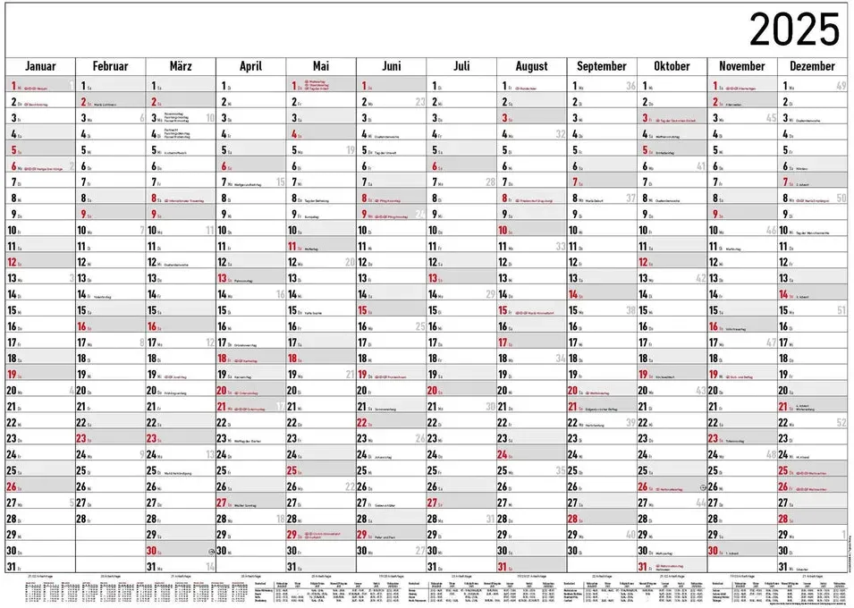 Jahresplaner  XL 12 Monate Schwarz-Rot 2025 - Jahresplaner 2025