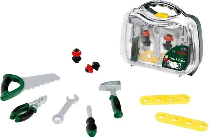 Theo Klein Bosch Werkzeugkoffer | Transparenter Koffer mit 8-teiligem Werkzeug-Set | Inklusive Säge, Hammer, Zange und Zubehör | Spielzeug für Kinder ab 3 Jahren