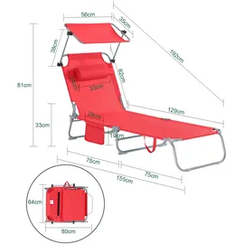 SoBuy Sonnenliege 189 x 62 x 28 cm rot inkl. Sonnendach klappbar