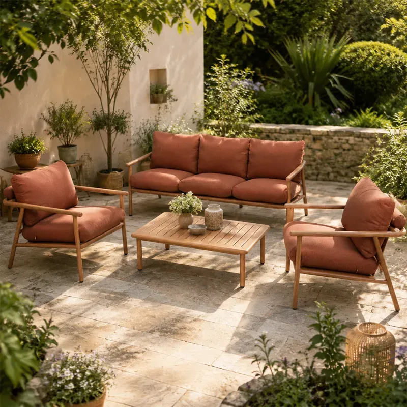 Terrabeta Garten-Lounge-Set aus Aluminium, Sofa-Set mit Teakholz-Optik, Inklusive Sitz- & Rückenkissen