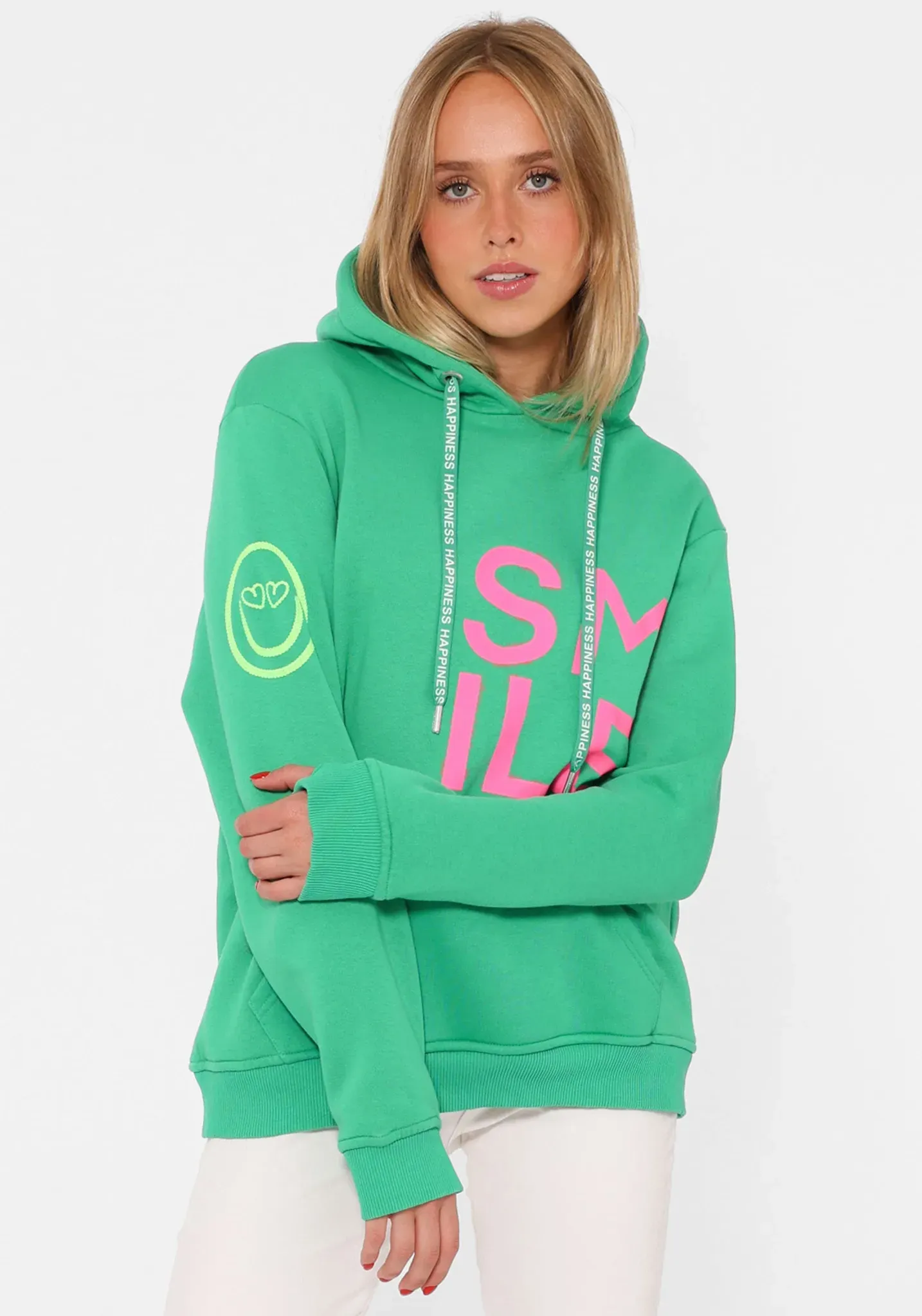 Zwillingsherz Kapuzensweatshirt, mit gesticktem Neon Smiley und Kordel mit Schriftzug Zwillingsherz green L/XL