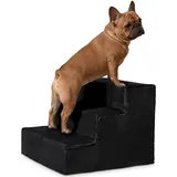 VELORA H&L Hundetreppe 3 Stufen Schwarz - Stabile Holzkonstruktion mit Veloursbezug, rutschfeste Hundetreppe für Sofa und Bett, Haustiertreppe für Hunde und Katzen, Belastbar bis 80 kg