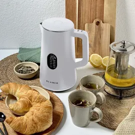 Klamer Edelstahl Wasserkocher mit Temperatureinstellung 40-100°C, Warmhaltefunktion, mattweißes Kaltgehäuse, doppelwandiger 1,5L Teekocher mit 1800W,... elektrischer Wasserkocher weiß