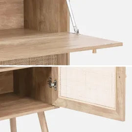 sweeek - Schreibschrank / Sekretär, 2 Türen und Regale, Holzeffekt, und Rohrgeflecht,