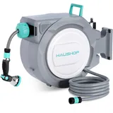 HAUSHOF Schlauchtrommel 30+2m Gartenschlauchaufroller mit 180° Schwenkbarer Wandhalterung und 10 Sprühmodi, Wandmontage Schlauchbox mit Automatisches Aufrollen für Garten, Autowäsche