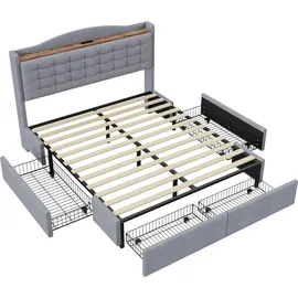 Flieks Polsterbett 160x200cm mit USB, Doppelbett Stauraumbett mit 4 Schubladen, Jugendbett mit Lattenrost, Funktionsbett Holzbett, Leinen, Hellgrau - Grau