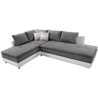luma-home Ecksofa 15104, Dauerschläfer-Doppelbett B306/T223/H95 cm, Bettkasten, Regal, Boxspring, Federkern, Wellenunterfederung, Topper, Schwenkteil rechts, Mikrofaser Hellgrau/Kunstleder Weiß grau