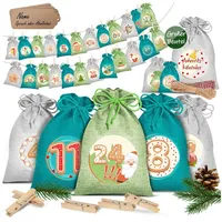 KESSER Adventskalender, Adventskalender zum Befüllen 24 Jutebeutel Stoffbezug gedruckt bunt|grün