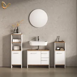 livinity® Waschbeckenunterschrank Amalfi, Weiß/Goldkraft Eiche, 70.2 x 57 cm mit 2 Schubladen und 1 Tür