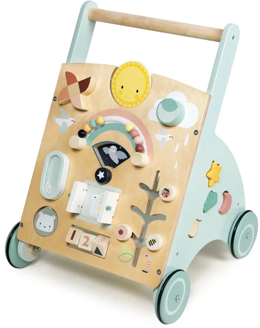 Lauflernwagen mit Aktivitätstafel 38,5×38,5×51 cm, Buchenholz, mehrfarbig - Tender Leaf Sunshine - Handbemalt, mit Bremse