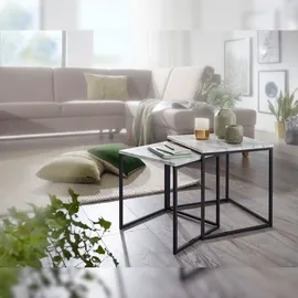 FineBuy Beistelltisch 2er Couchtisch Set Marmor Optik Weiß Wohnzimmertisch