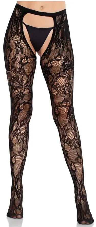 LEG AVENUE - ROSEN-SPITZENSTRÜMPFE MIT OFFENER RÜCKSEITE SCHWARZ