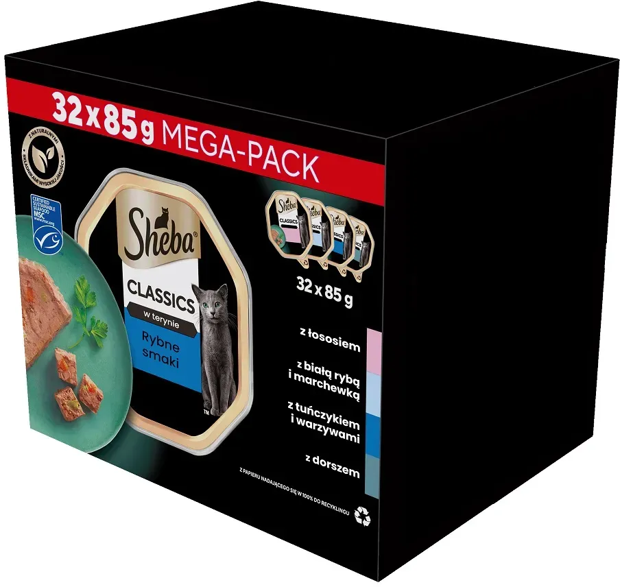 SHEBA Classics Pate Weißfisch, Kabeljau, Lachs und Thunfisch 32x85g