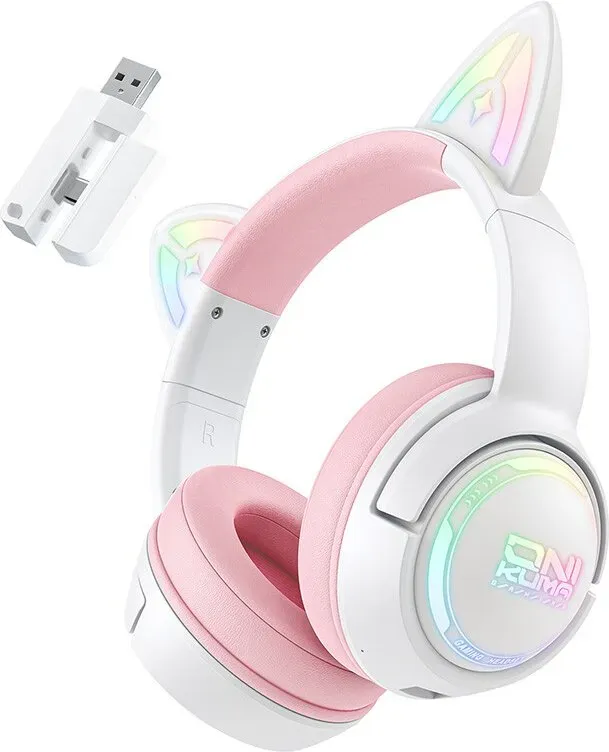 ONIKUMA Gaming-Headset – Kabelloser und kabelgebundener Gaming-Kopfhörer mit 4 Modi, 50-mm-Treiber, RGB-Beleuchtung, Bluetooth 5.3, 1000-mAh-Akku, Modell GT838 (Weiß-Pink)