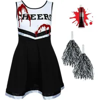 REDSTAR Cheerleader Kostüm Kinder mit Pompons & Kunstblut – Gruseliger High School Zombie – Faschingskostüme Mädchen –Halloween Party oder Karneval