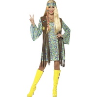 NET TOYS Hippie Kostüm Damen Flower Power Kleid S (34/36) 70er Jahre Kleidung Frau Boho Karnevalskostüm
