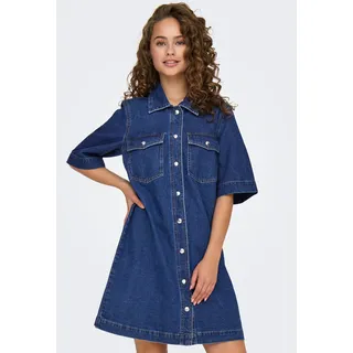 Only Jeanskleid "ONLBELLE S/S BUTTON DRESS DNM GUA NOOS", Damen, Gr. S, N-Gr, blau (dunkelblau denim), Denim/Jeans, Obermaterial: 100% Baumwolle, unifarben, regular fit, Kleider