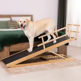 Hunderampe Bett mit Sicherheitsgeländer - Für Große Hunde bis zu 90 kg - Höhenverstellbare hundetreppe für Betten bis zu 94.5cm - Breite 49,5 cm - Klappbar - Anti-Rutsch-Griff - Birkenholz - Naturel