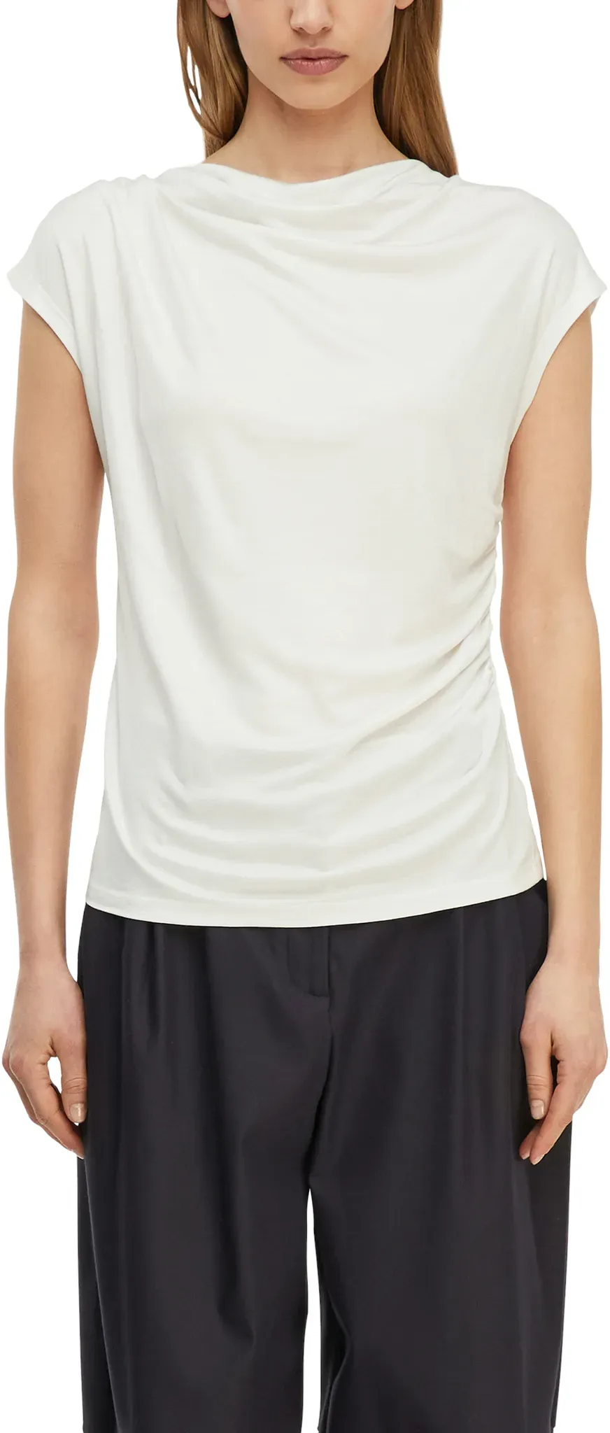 Rundhalsshirt COMMA, Damen, Gr. 34, weiß, Single Jersey, Obermaterial: 100% Viskose, unifarben, tailliert hüftbedeckend, Rundhals, Shirts Rundhalsshirt, Sommershirt - gerafft und aus reiner Viskose
