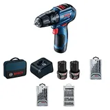 Bosch Professional 12V System Akku Schlagbohrschrauber GSB 12V-30 (inkl. 2x2.0 Ah Akku, Ladegerät GAL 1240 CV, 7-tlg. Holzbohrer Set, 7-tlg. Metallbohrer Set, 25-tlg. Bitset, Werkzeugkoffer)