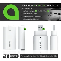 Aplic Ladegerät für XBox One Controller und Xbox Series Gamepad - 2 x Akkus 600 mAh für Gamepads - Ladeadapter - für / kompatibel mit XBox One S X