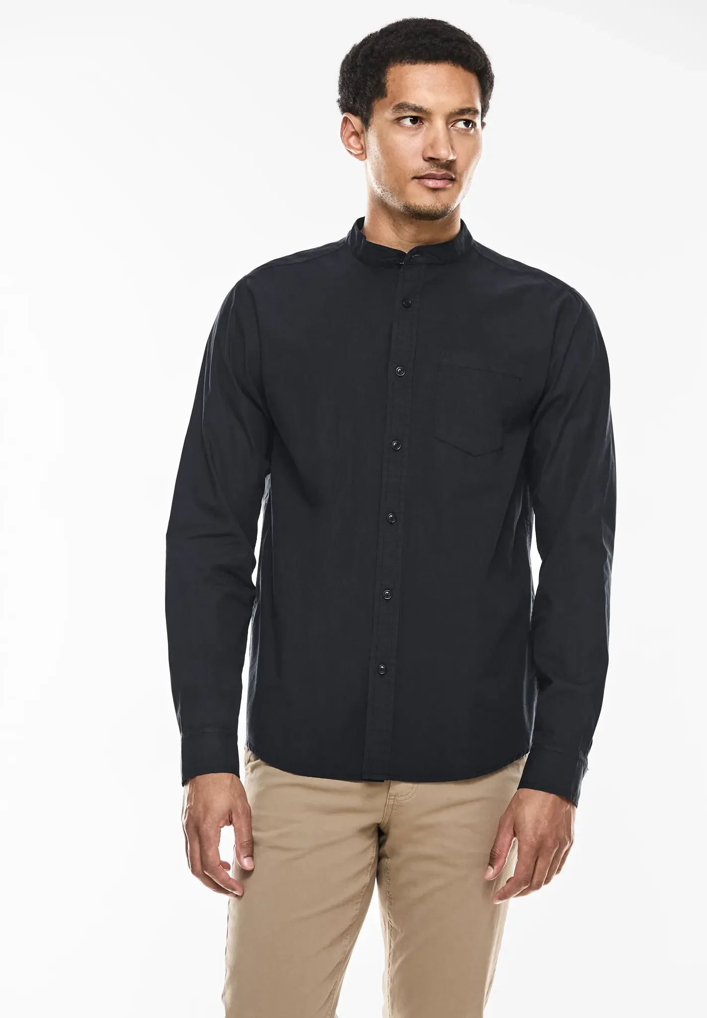 Langarmhemd STREET ONE MEN, Herren, Gr. XL (44), US-Größen, schwarz (faded schwarz), Web, 100% Baumwolle, unifarben, gerade hüftlang, hoch geschlossener Ausschnitt, Bündchen, Hemden, mit Stehkragen