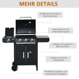 Outsunny Gasgrill Grillwagen 110 x 50 x 100 cm Schwarz 