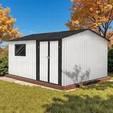 HOMAVO Gerätehaus Metall mit Pultdach, Gartenhaus Metall mit Fundament,366.1× 301.2 × 213.4 cm, ideal für Garten, Terrasse oder Rasen - Weiß