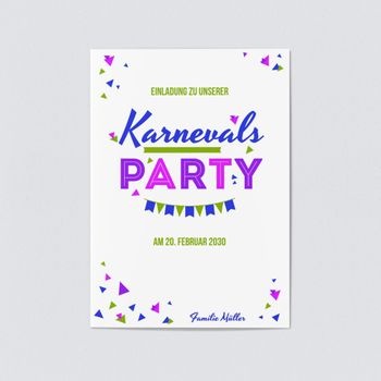 Einladungskarten Karneval und Fasching (5 Karten) selbst gestalten, Karneval - Bunte Schnipsel in Blau - Violett