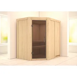 Karibu Sauna Carin mit Eckeinstieg 68 mm-Ohne Ofen-ohne Dachkranz-Ganzglastür in Graphit-Optik inkl. gratis Saunaofen im Wert von 599,99 €