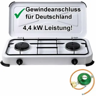 S&E Großhandel Campingkocher Gaskocher 2-flammig Gasherd 50 mbar mit Gasschlauch und Gasregler