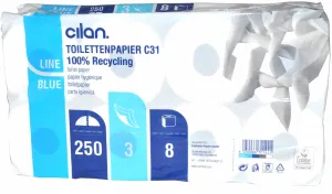 Cilan Toilettenpapier, Tissue, 3-lagig, hochweiß, mit EU Ecolabel, Recycling-Tissues, Blütenprägung, 1 Paket = 9 Packungen à 8 x 250 Blatt