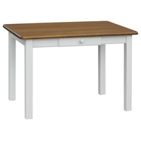 Weißer Tisch mit Schublade aus massivem Kiefernholz mit Tischplatte in der Farbe Eiche 120 x 70 cm