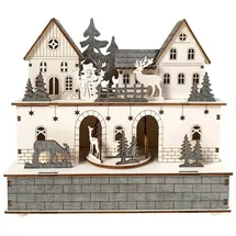 Hti-Living LED Weihnachtshaus Weiß Grau mit beweglichen Figuren