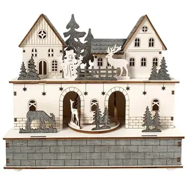 Hti-Living LED Weihnachtshaus Weiß Grau mit beweglichen Figuren