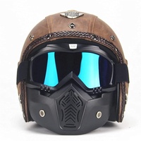 YLFC Männer Jethelme ECE-Zertifizierung Vintage Motorrad Roller-Helm Retro Handgemachtes Braun PU-Leder Mofa-Helm Chopper Sturz-Helm Mit Visier Brille Maske (Color : A, Size : S)