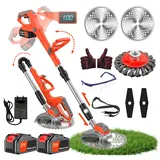 Rasentrimmer mit Akku mit Unkrautbürste 21V Elektrischer Freischneider Akku Rasentrimmer Rasenkantenschneider mit 2X4.0Ah Akkus & Ladegerät Verstellbarer Kopf Teleskopgriff für Garten Rasen Hof Rot