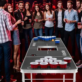 Tectake tectake® Bierpong-Tisch, aus Aluminium mit Eisfach, bodenschonende Kunststofffüße, inklusive 100 Bechern und 6 Bällen