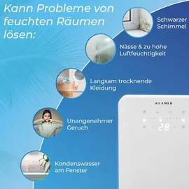 Klamer Luftentfeuchter elektrisch 12L, 100m3 Luftumwälzung pro Stunde, 280W starker Raumentfeuchter, Entfeuchter mit bis zu 2 Liter Fassungsvermögen
