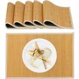 Relaxdays Tischset, 6er Set, Bambus, Stoffrand, rutschhemmend, 45 x 30 cm, Teller, Esstisch, eckiges Platzset, Creme