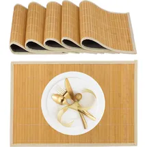 Relaxdays Tischset, 6er Set, Bambus, Stoffrand, rutschhemmend, 45 x 30 cm, Teller, Esstisch, eckiges Platzset, Creme