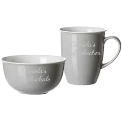 Luxentu – Gravur Doppio Müslischale & Kaffeebecher mit Namen in Silbergravur - Grau